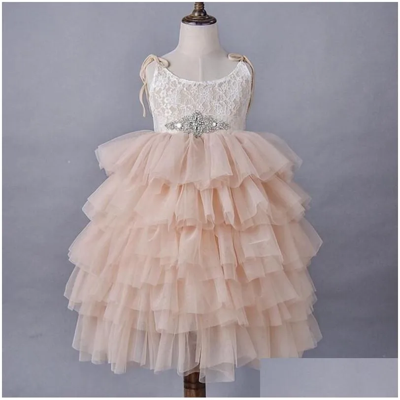 Girls lace princess dresses summer kids rhinestones belt suspender tiere tulle tutu dresss children long length party dress A00380