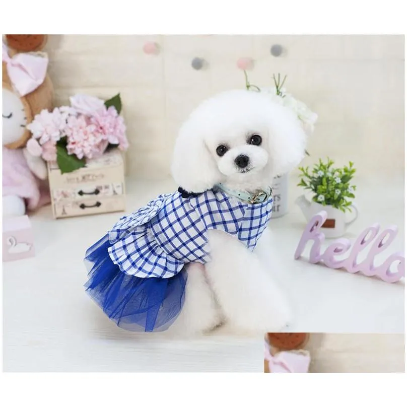 Pet Plaid princess dress Pet Dog bow Shirt Tops Summer Teddy Pet Dog Clothes Dogs Apparel drop ship