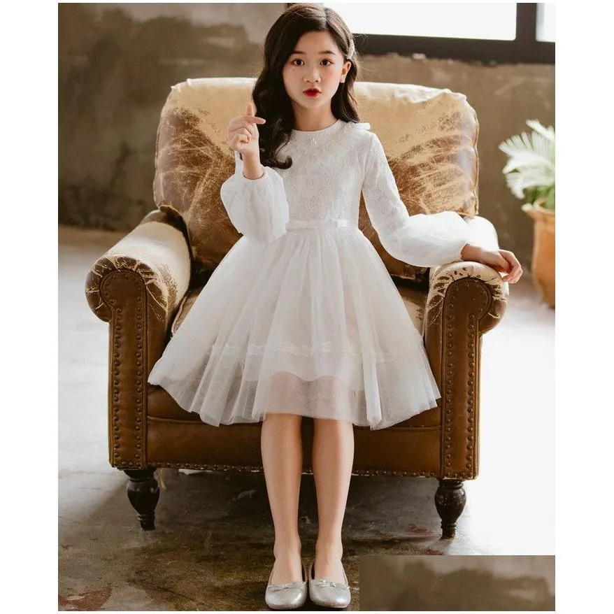 Sweet Girls Christmas Party Dress children Puff sleeve lace gauze dresses kids beaded lace falbala thicken princess clothing A5033