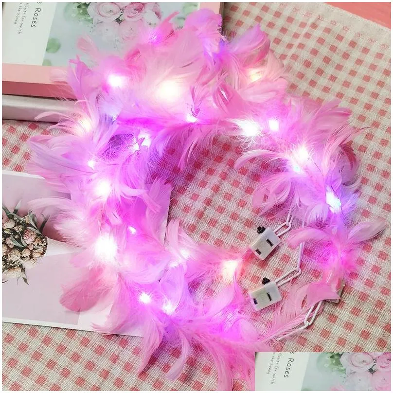 LED Feather Wreath Crown Headband Toy Light-Up Angel Halo Headband Luminous Headdress for Women Girls Wedding Christmas Glow Party