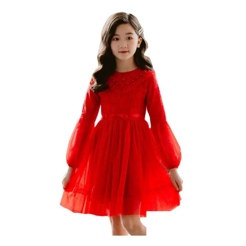 Sweet Girls Christmas Party Dress children Puff sleeve lace gauze dresses kids beaded lace falbala thicken princess clothing A5033