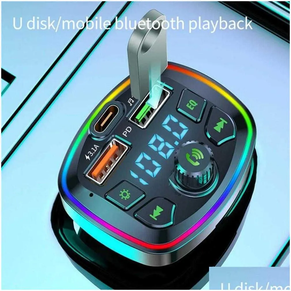 Car FM Transmitter Bluetooth 5.0  MP3 Music Player PD 18W Type-C Dual USB 4.2A Colorful Ambient Light Cigarette Lighter