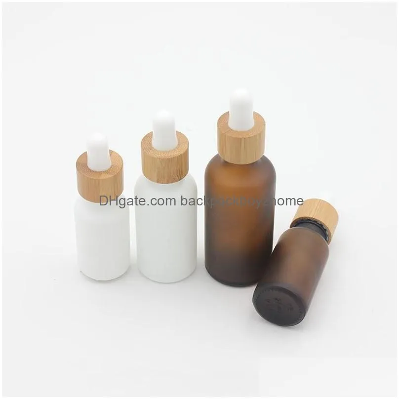 wholesale frosted amber white glass dropper bottle 15ml 30ml 50ml with bamboo cap 1oz wooden essential oil bottles