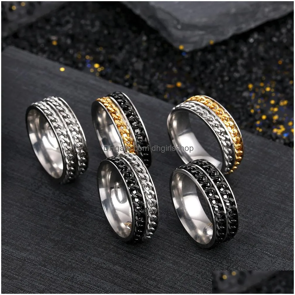 update lucky double rotatable chains ring stainless steel spin band rings for men women hip hop jewelry