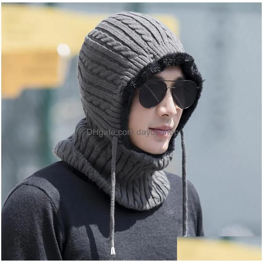 winter hat scarf set earmuffs knitted hat with mask hood beanies men scarf caps mask bonnet skull caps warm outdoor cycling hats