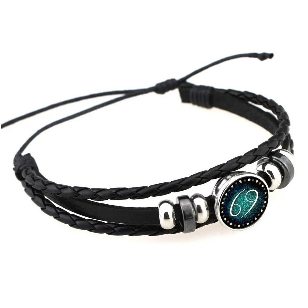fashion twelve horoscope braided rope leather bracelet vintage black beaded 12 zodiac charm bracelets for women&men diy punk jewelry