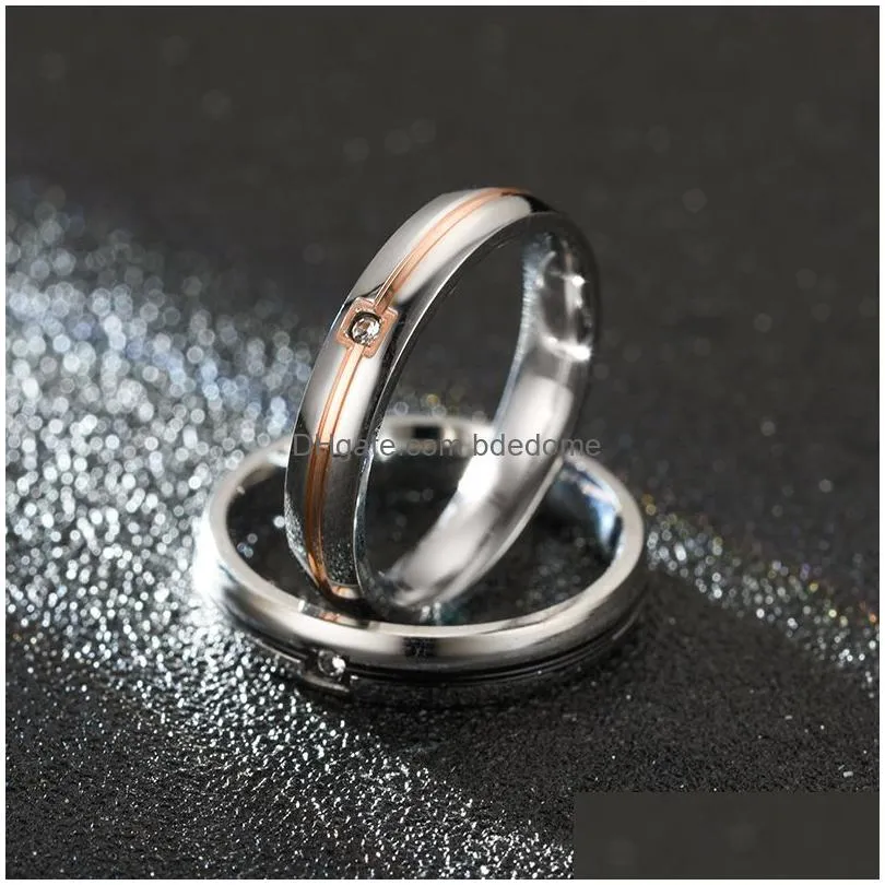 stainless steel diamond ring band black rose gold line couple engagement wedding rings for women men fashion jewelry will and sandy