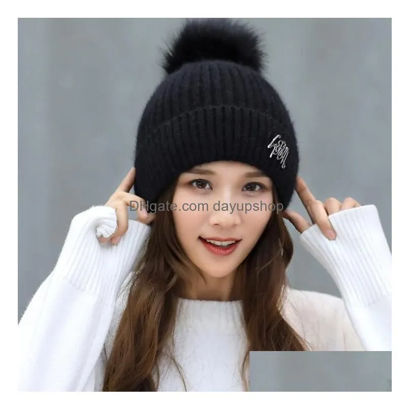 winter knitted hat double-deck beanie wool cap with rabbit hair ball earmuffs hat casual skull caps outdoor warm hats free ship