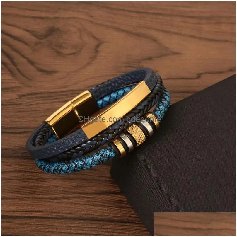 stainless steel bracelet for men multilayer handmade braided leather magnetic buckle bracelets bangle cuff wristband fashion jewelry
