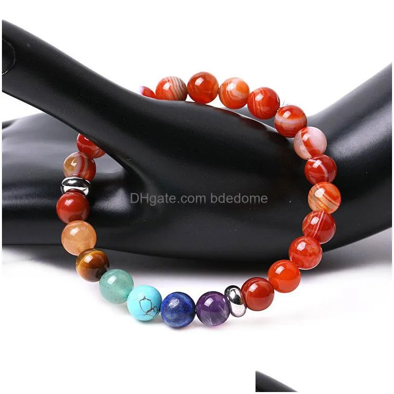 7 chakra stone bracelet strands striped red agate lotus charm buddha head volcanic stone bracelets wristband for women men fashion