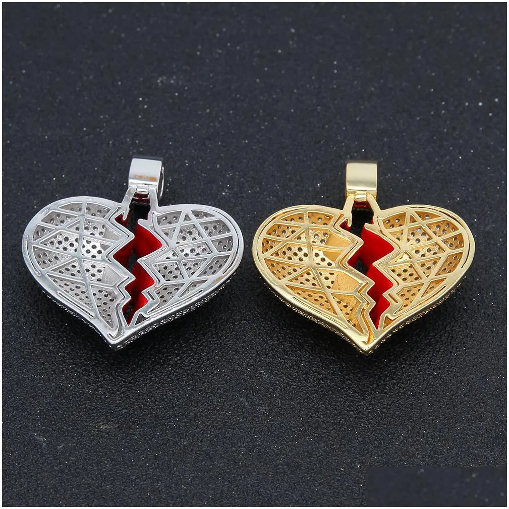 iced out cz broken love heart pendant necklaces bling cubic zirconia gold silver charm twisted chain for women men rapper hip hop