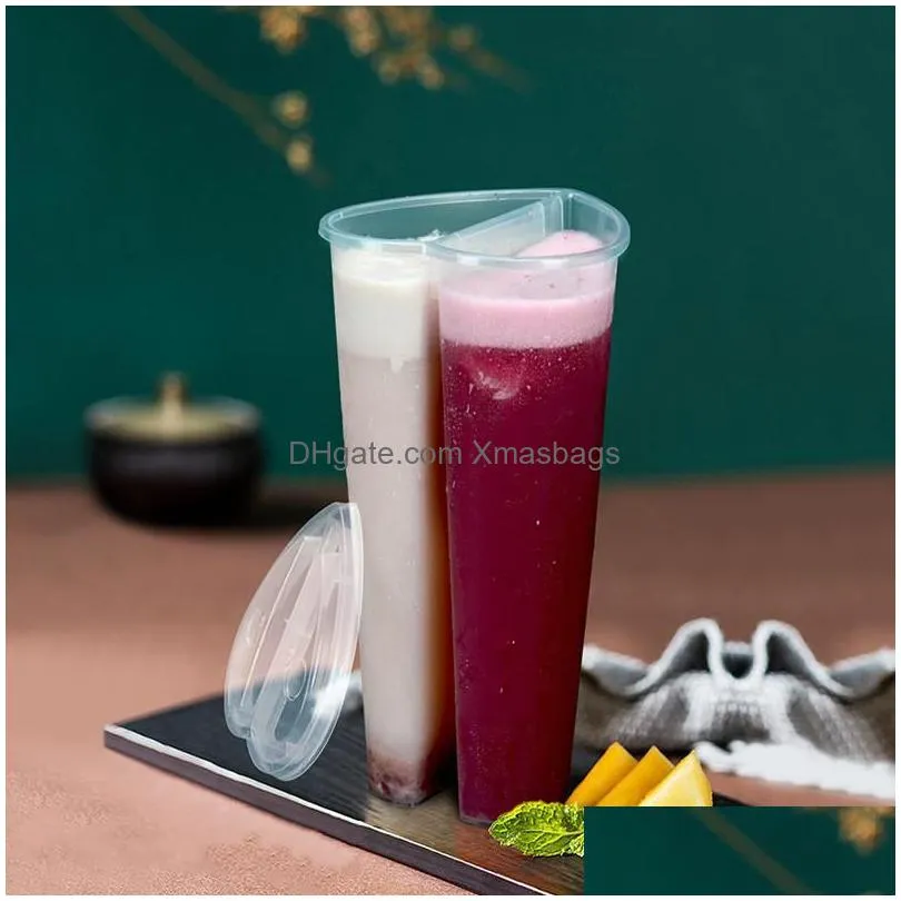 50 pcs dhs 600ml heart shaped double share tumbler transparent plastic disposable mug with lids milk tea juice cups for lover couple