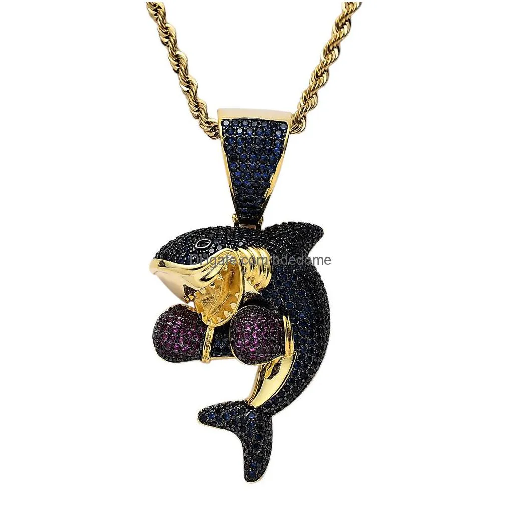 18k gold sport boxing shark necklace jewelry set diamond cubic zirconia animal pendant hip hop necklaces bling for women men stainless steel chain will and