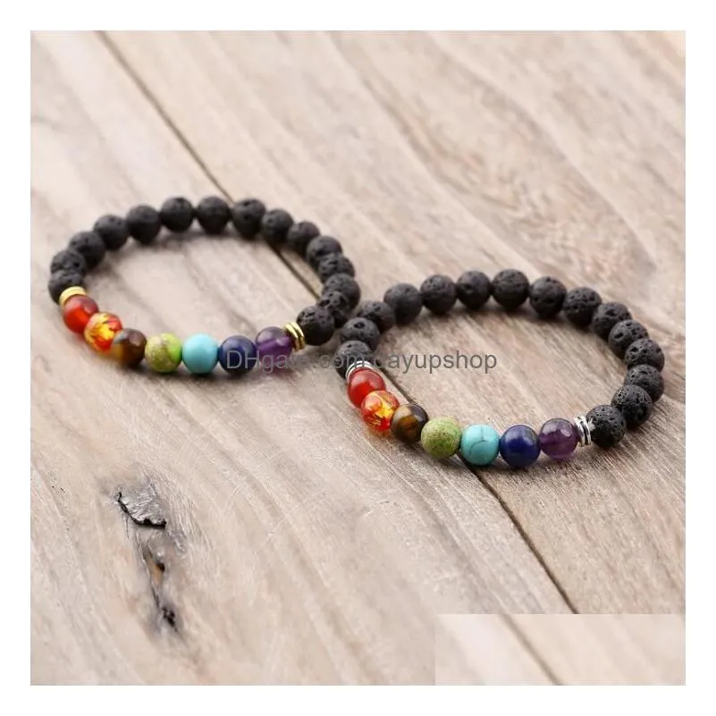 natural black lava stone beads bracelet elastic 7 color stone cuffs bangles volcanic rock beaded couple bracelet hand strings