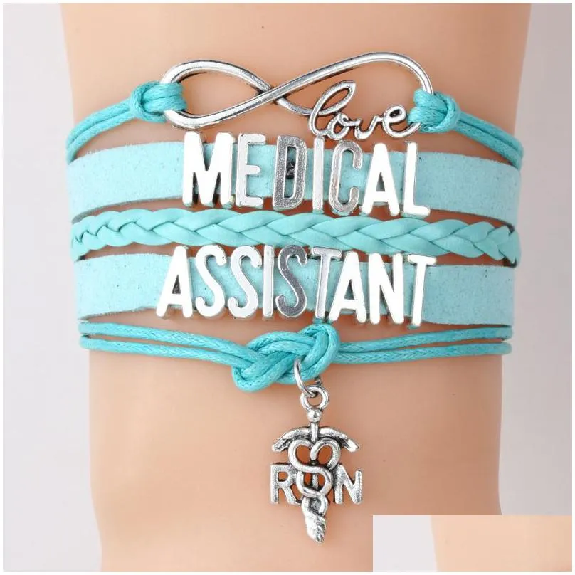 2019 medical assistant nurse bracelets rn letter charm braided leather rope wrap bangle for women fashion jewelry nurse`s day gift