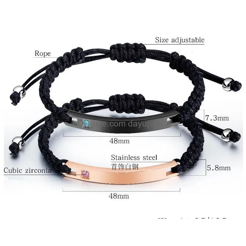 fashion titanium steel couple bracelet rose gold/black charm love bracelet bangle adjustable woven bracelet jewelry