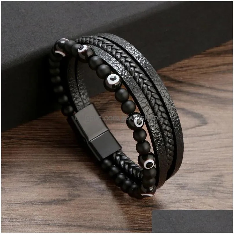 retro tiger eye natural stone beads leather bracelet beaded multi-layer wrap bracelets bangle cuff wristband for men hiphop jewelry
