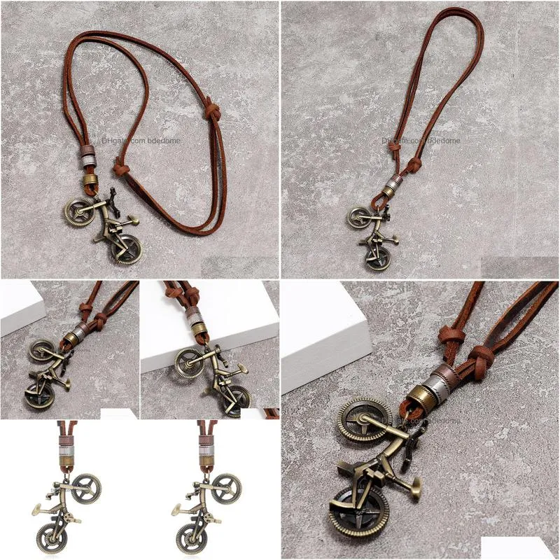 metal bike pendant necklace retro bronze bicycle necklace leather chain women men hip hop fashion jewelry