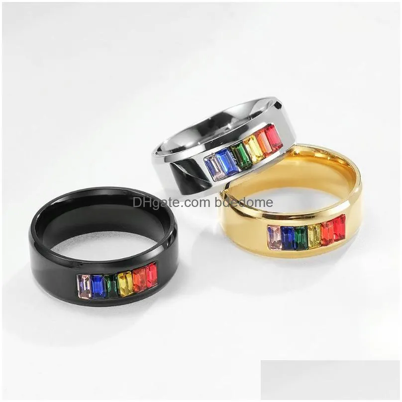 gay ring stainless steel rainbow crystal band rings for couple men women fashion jewelry valentine`s gift