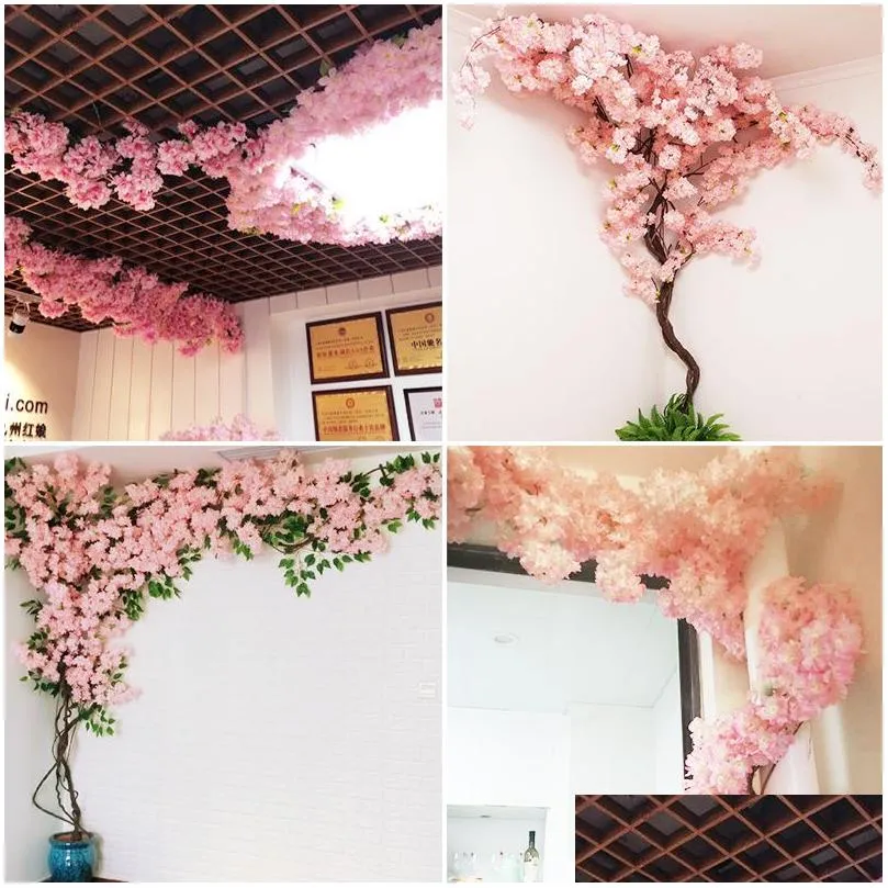 yumai Fake Cherry Blossom Tree Pink Sakura Artificial Flowers Tree Wedding party Background Wall Decoration Shop Window Decor