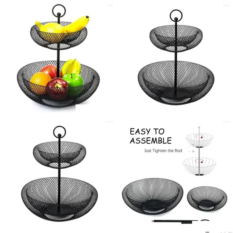 plates 2-tier fruit basket wire bowls holder decorative fruits kintchen storage for vegetables black