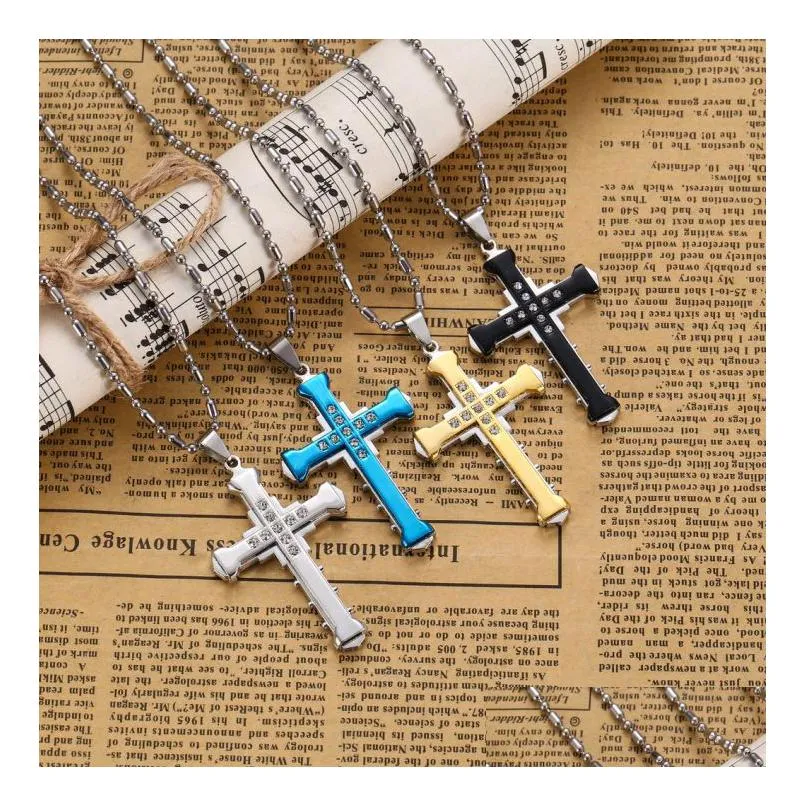 mens crystal cross pendant necklace for women double layer stainless steel crucifix jesus charm chains fashion religion jewelry