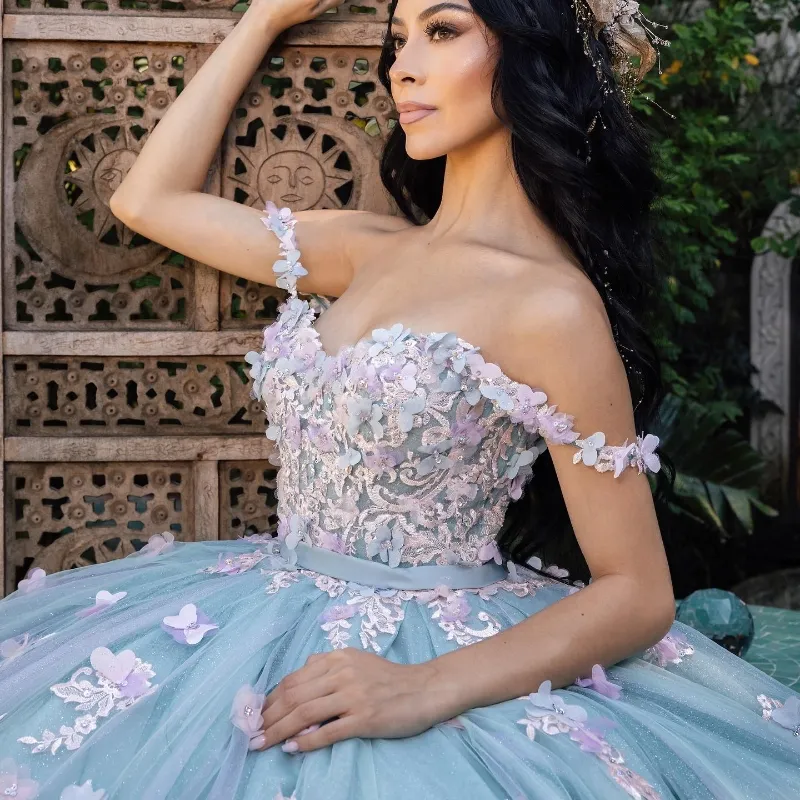 Sky Blue Mexican Sweetheart Quinceanera Dresses Handmade 3D Floral Applique Bow Birthday Princess Formal Ball Gowns Vestidos XV Anos