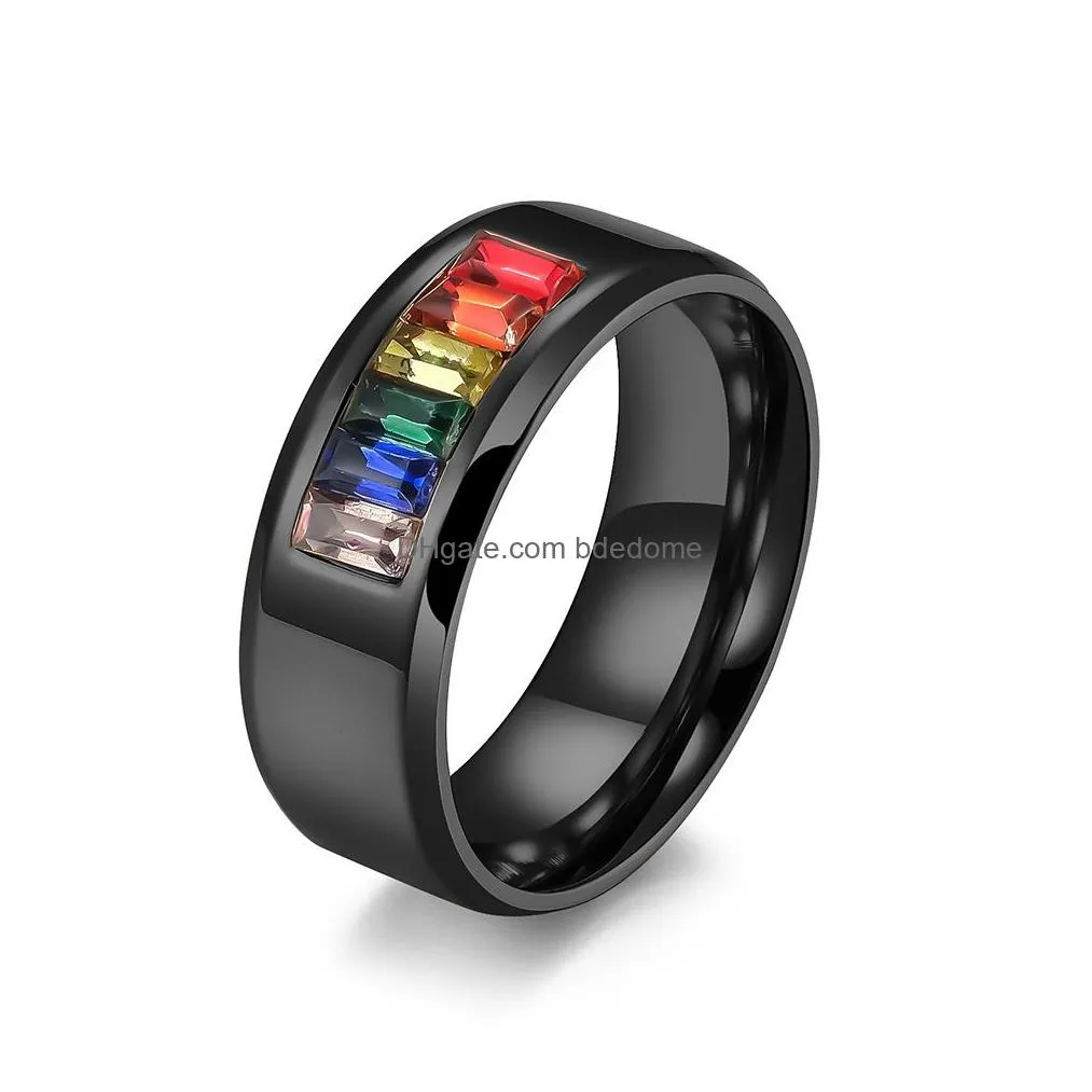 gay ring stainless steel rainbow crystal band rings for couple men women fashion jewelry valentine`s gift