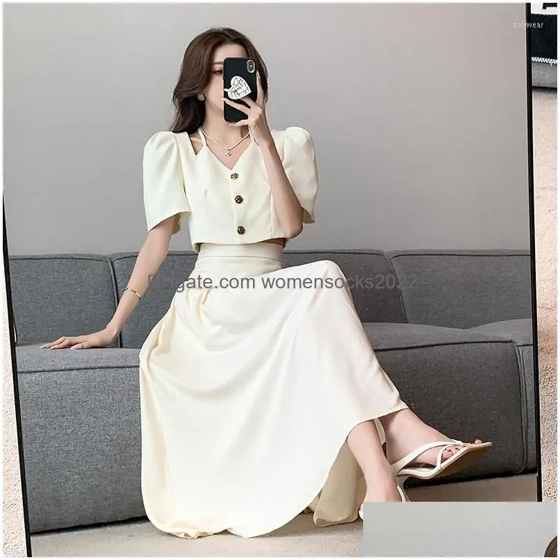 work dresses small fragrant french halter puff sleeve single breasted shirt high waist midi length skirt two piece set women outfit