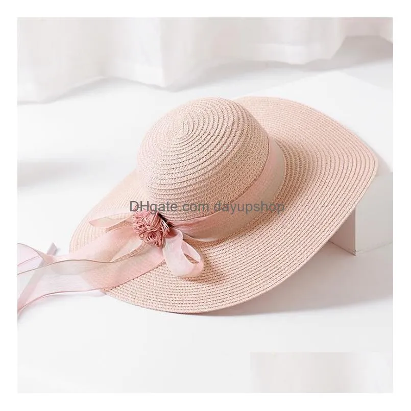 women bowknot wide brim hats folding straw hats beach hats long ribbon sun cap lady topee sunhat for dpring summer