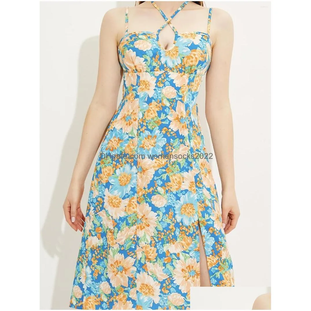 casual dresses suspender slit split elegant ditsy floral print dress slim temperament mid-length womens clothing