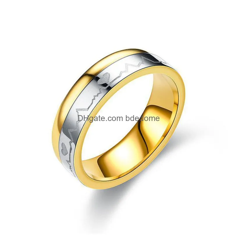 ecg love heartbeat ring band stainless steel contrast color gold rings couple for women men fashion jewelry gift will and sandy