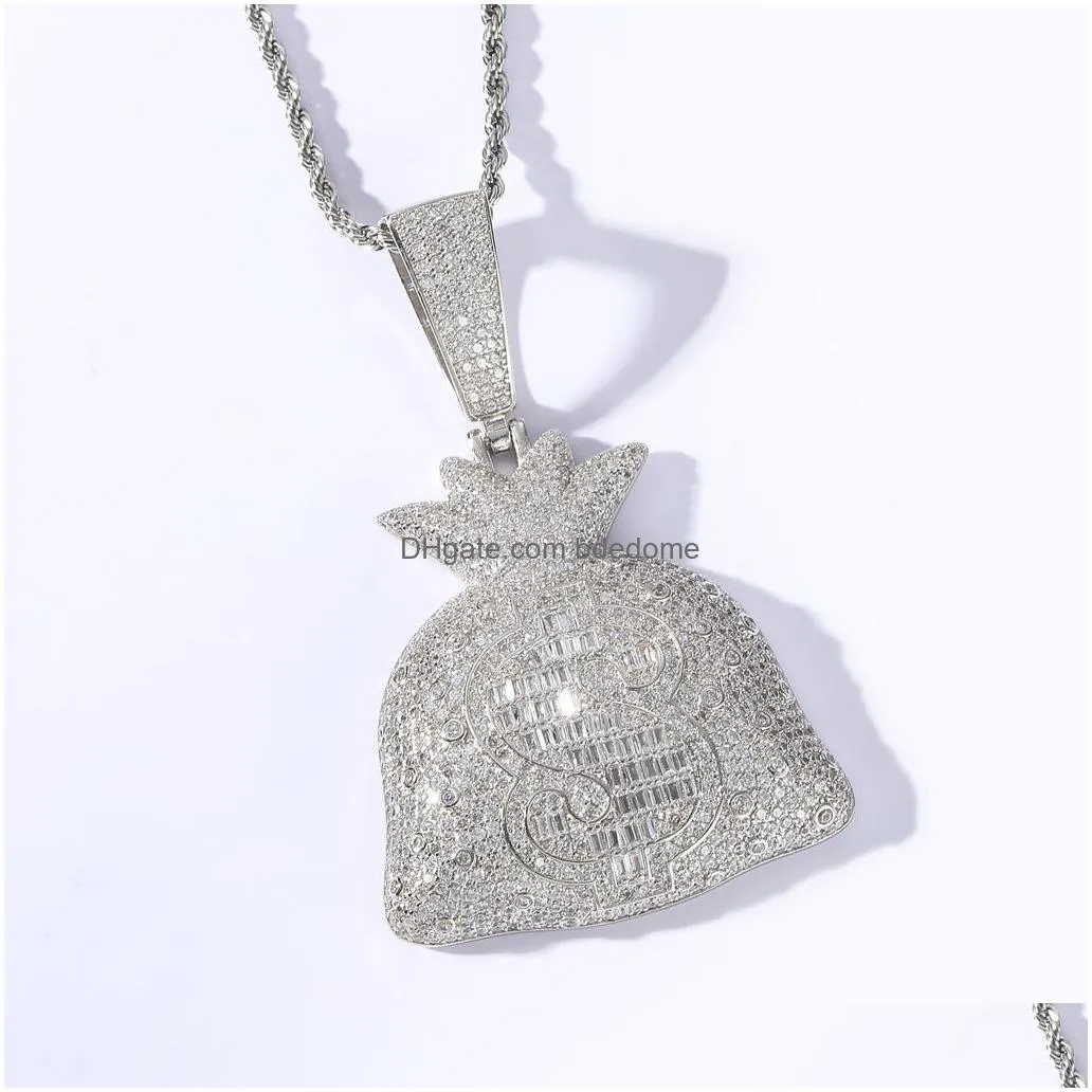 18k gold dollar sign money bag necklace jewelry set bling cubic zirconia diamond hip hop necklaces wallet pendant women men stainless steel chain