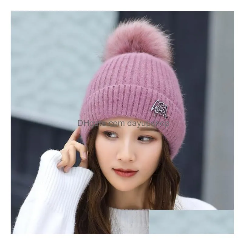 winter knitted hat double-deck beanie wool cap with rabbit hair ball earmuffs hat casual skull caps outdoor warm hats free ship