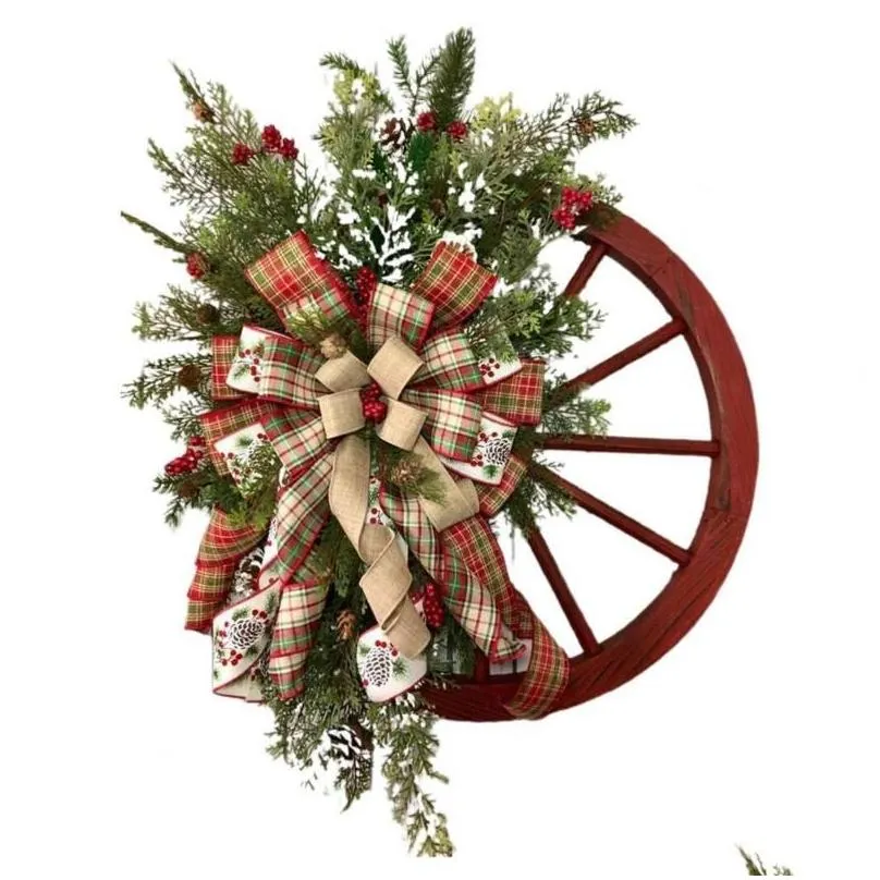 Decorative Flowers & Wreaths Xmas Wreath Universal Charming Wood Farmhouse Wagon Wheel Wooden Christmas For Winter Artificial Garlands