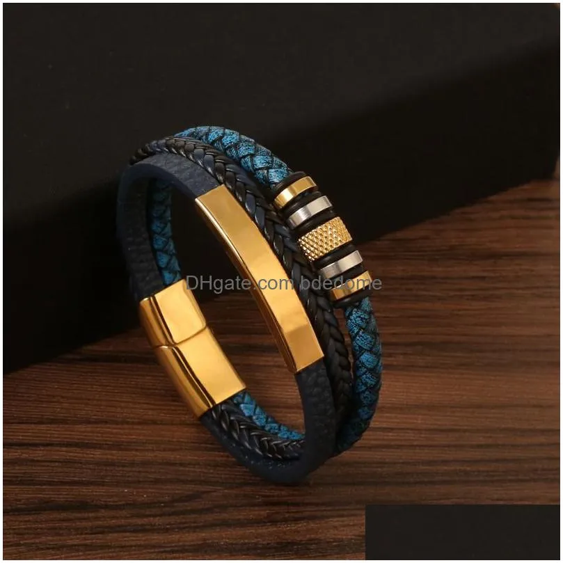 stainless steel bracelet for men multilayer handmade braided leather magnetic buckle bracelets bangle cuff wristband fashion jewelry