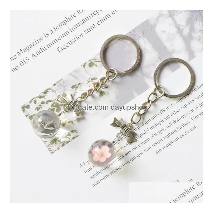 5 designs everlasting flower key chain glass dried flowers key ring handbags car cell phone pendant girl bag accessories