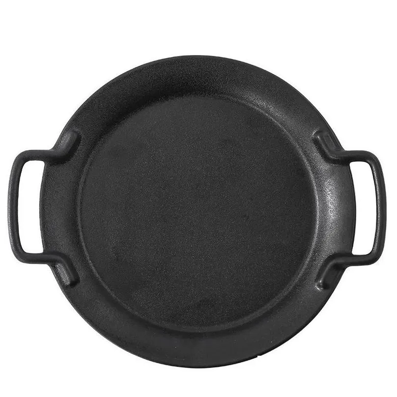 Dishes & Plates Creative Ceramic Plate With Handle Square Round Black Binaural Baking Dinnerware Steak Soup Snack