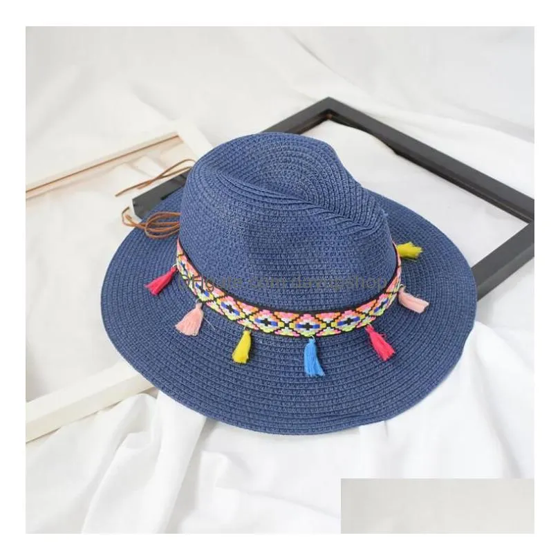 lady wide brim hat with colorful tassels summer women straw hat ethnic style beach hat outdoor sun protection panama hats