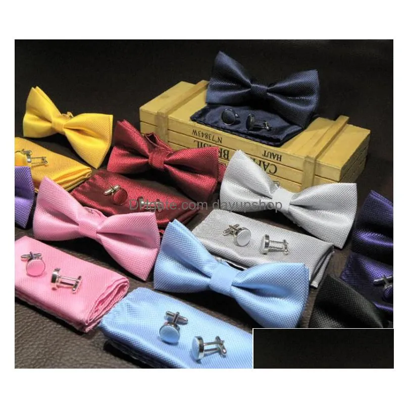 3pcs/set solid bow ties set 15 colors mens fashion bowtie handkerchief cufflinks sets tuxedo accessories for wedding party business