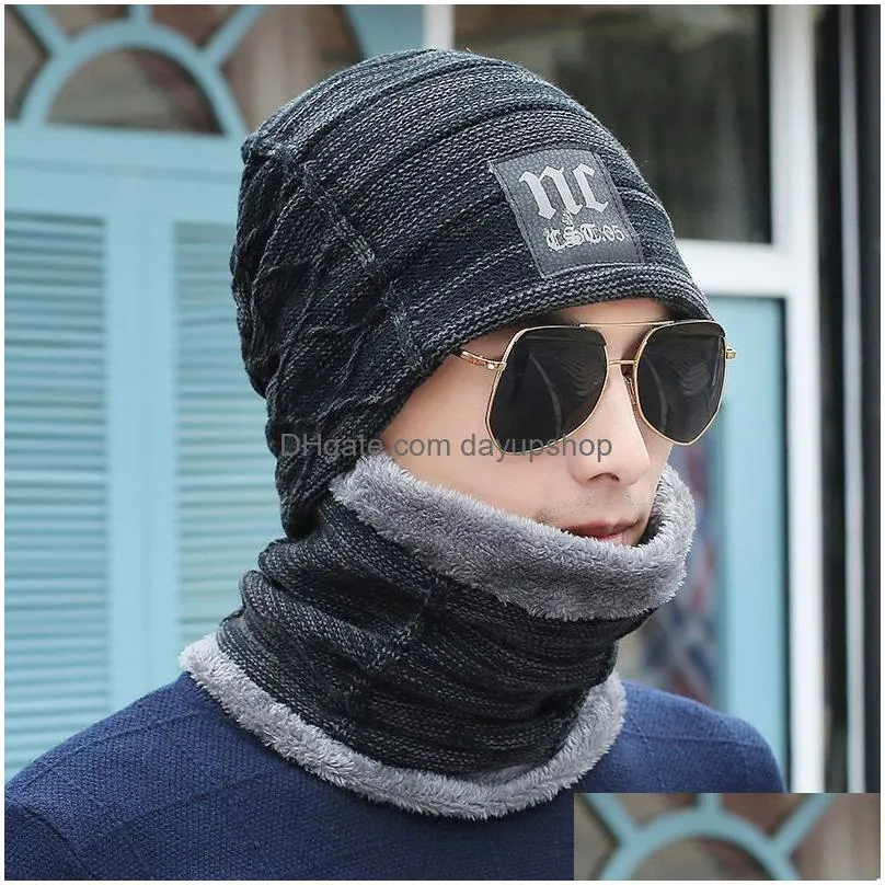 classic winter knitted hat scarf set velvet warm soft thick collar cap for men women mask bonnet warm winter hats