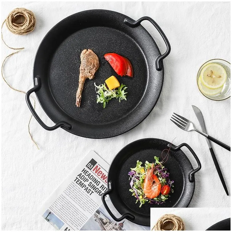 dishes plates creative ceramic plate with handle square round black binaural baking dinnerware steak soup snack