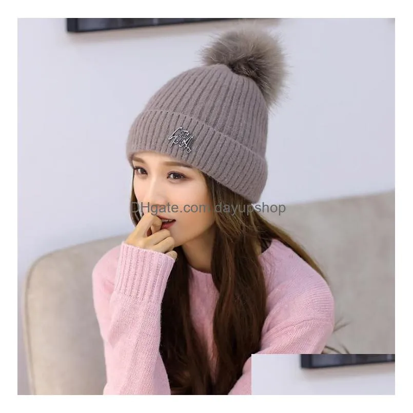 winter knitted hat double-deck beanie wool cap with rabbit hair ball earmuffs hat casual skull caps outdoor warm hats free ship