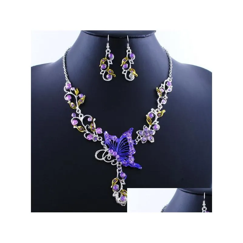 europen and american butterfly statement necklaces drop earrings set for women crystal rhinestone flower bride wedding engagement