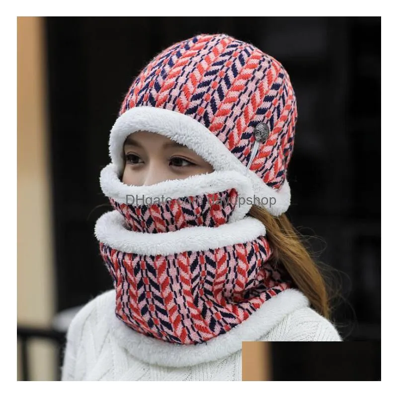 21 designs winter knitted hat 3-piece suit hat+scarf+respirator with mask hood beanie scarf caps outdoor warm hats