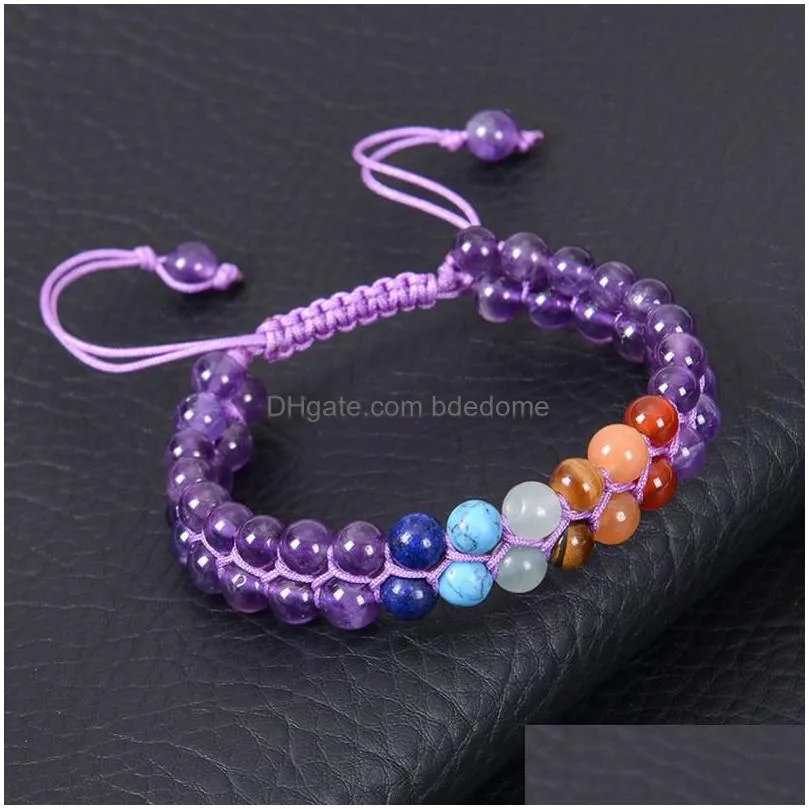crystal stone bracelet 6mm amethyst black onyx howlite double layer adjustable 7 chakra healing yoga bracelets for women jewelry