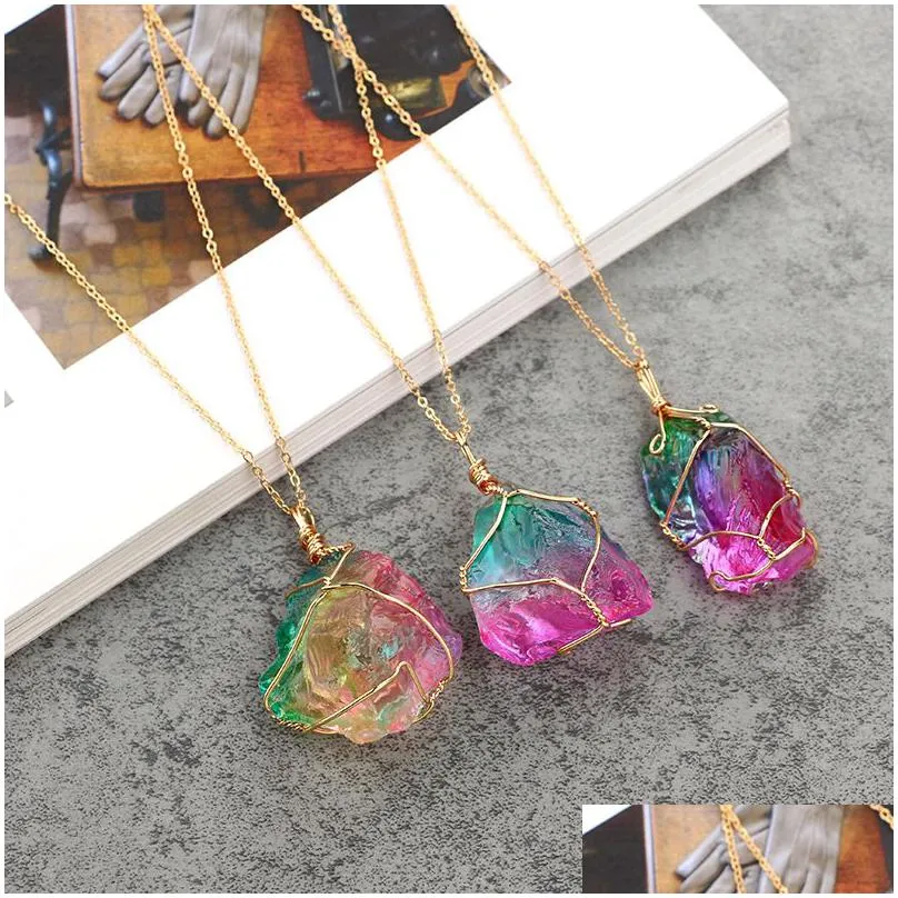 rainbow natural stone pendant necklace for women men healing crystal quartz irregular stone charm gold chains fashion jewelry