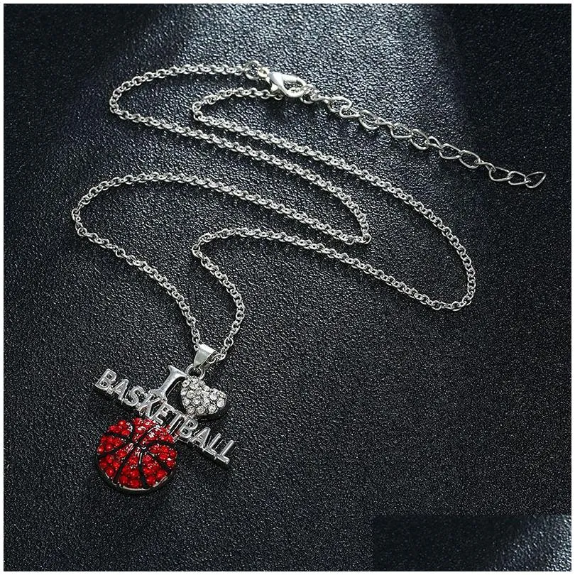 fashion football sports necklaces for women crystal i love basketball volleyball letter pendant chains jewelry in bulk