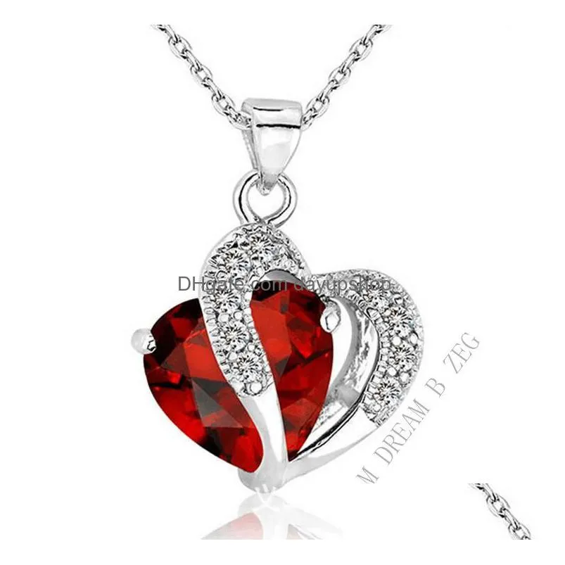 women fashion heart necklace crystal rhinestone silver chain pendant necklace jewelry 9 colors nice gift free shipping