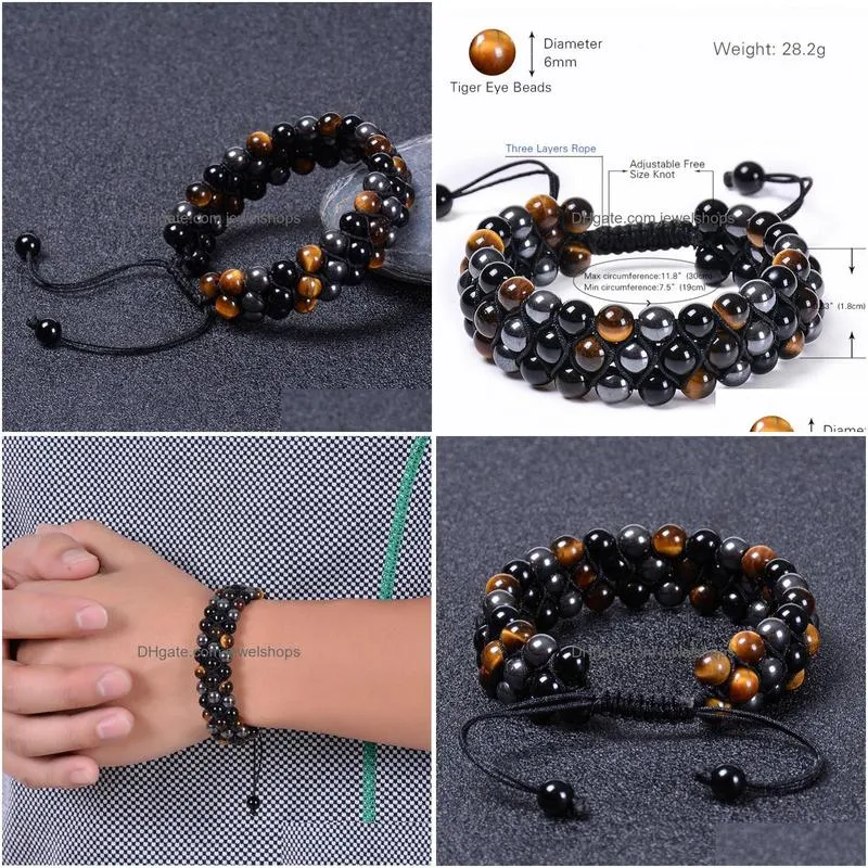 6mm natural stone yellow tiger eye black agate three layer bracelet wrap braided hematite gemstone bracelets bangle cuff wristband